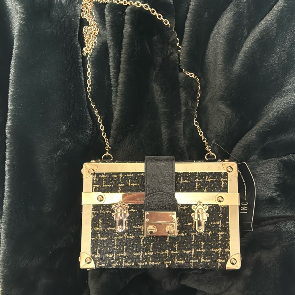New INC Black Gold Quilted Box Purse/Clutch